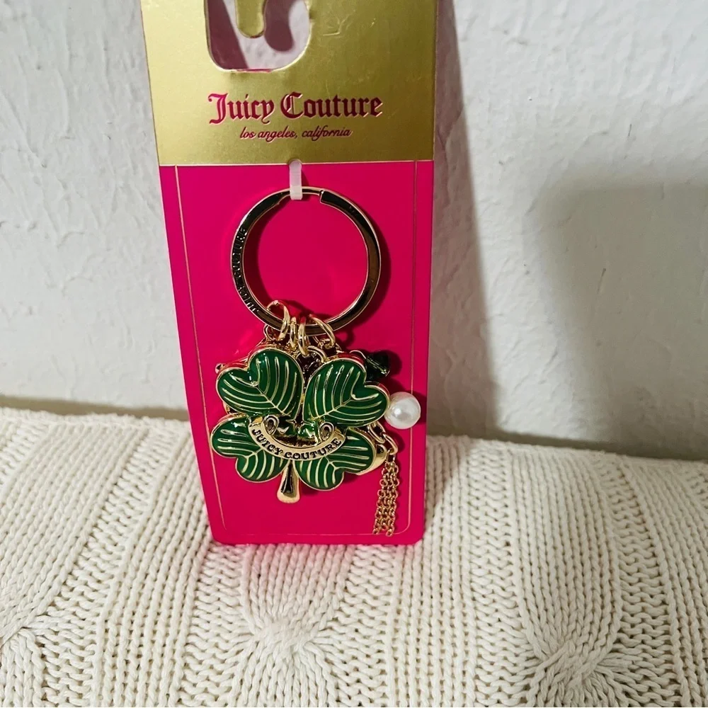 Juicy Couture New Lucky Clover Charm Keychain Gold and Green Accents Pearl